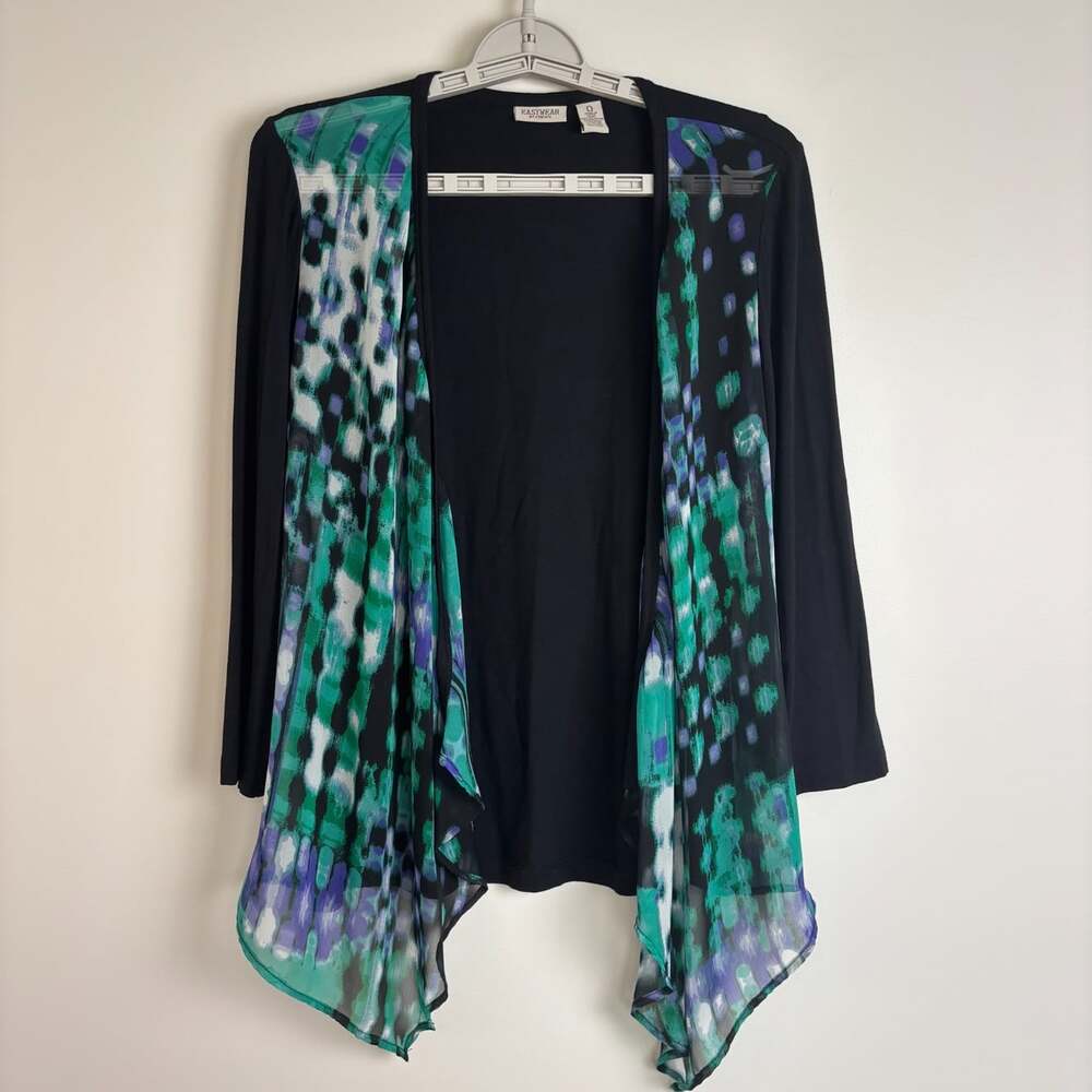 Easywear by Chico's open front sheer cardigan womens S asymmetrical blue green